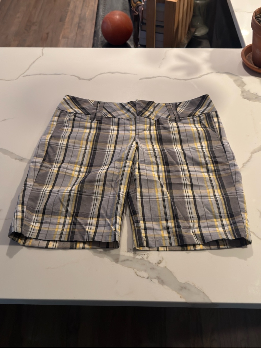 Full Tilt Gray Plaid Women's Bermuda Shorts with Yellow Accents